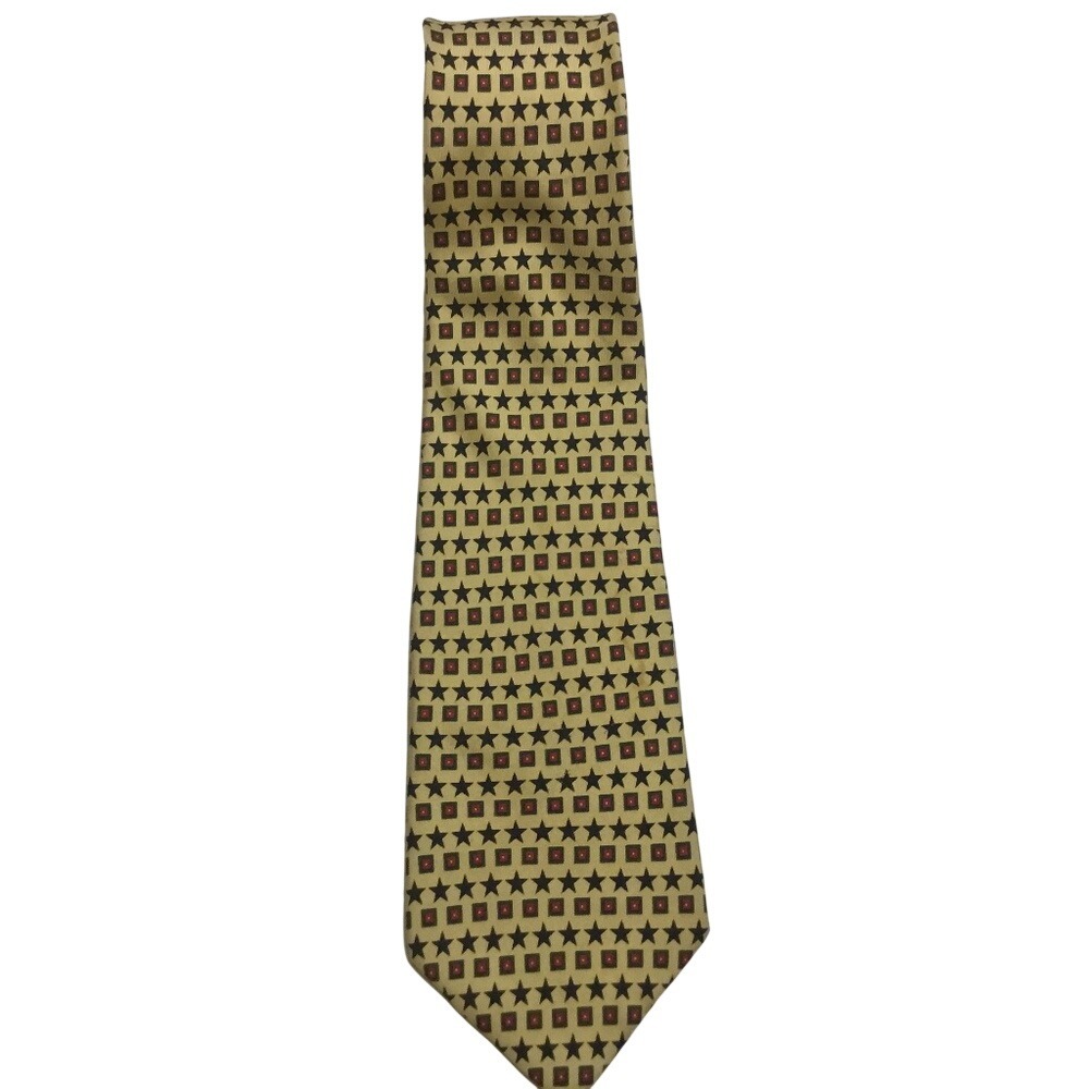 Tommy‎ Hilfiger Mens Tie Necktie Yellow Red Stars Squares 100% Silk Made in USA